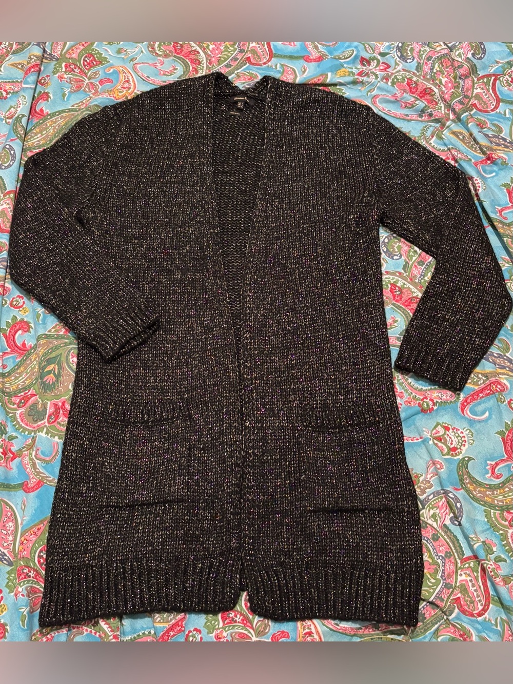 Massimo Dutti open front longline cardigan BLACK and METALLIC GOLD sparkle LARGE